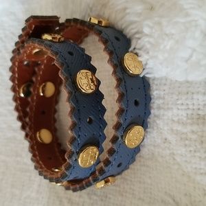 EUC Tory Burch Wrap Bracelet Slate Blue with Gold Tory Embellishments